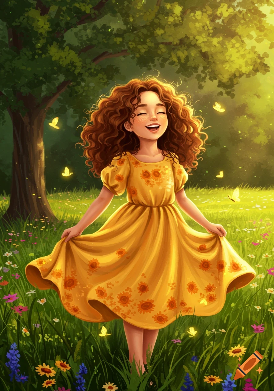 A cheerful girl with curly brown hair in a yellow dress with sunflowers stands in a sunlit meadow with colorful flowers and glowing butterflies.