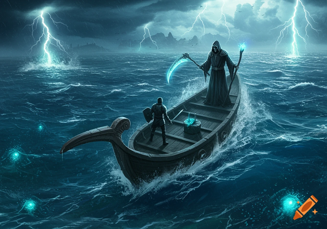 A knight in a boat confronts the Grim Reaper on a stormy, lightning-filled sea, dark fantasy style.