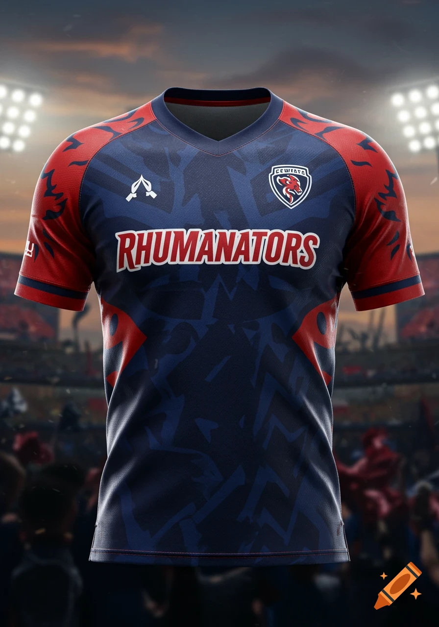 A realistic blue and red sports jersey with 'RHUMANATORS' on the front, set against a blurred stadium background with bright lights.