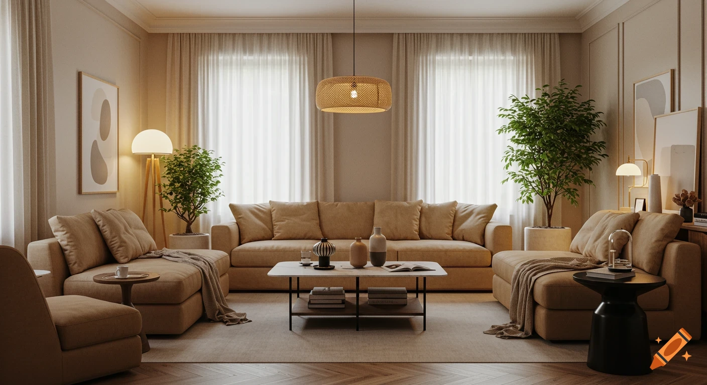 A photorealistic image of a cozy modern living room with warm, neutral tones, featuring beige sofas, lush plants, and stylish decor.
