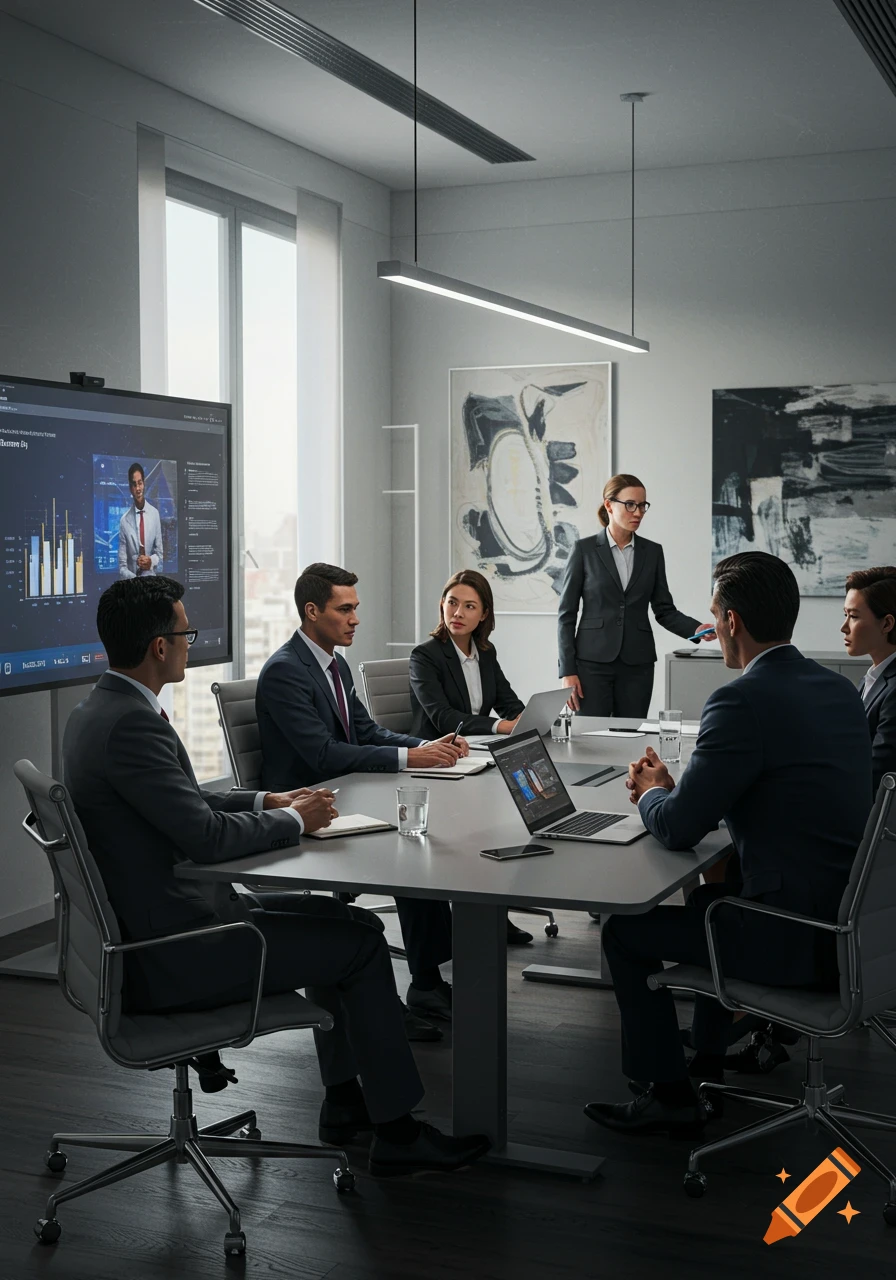 A professional business meeting with several people in suits seated around a conference table with a large screen displaying charts.