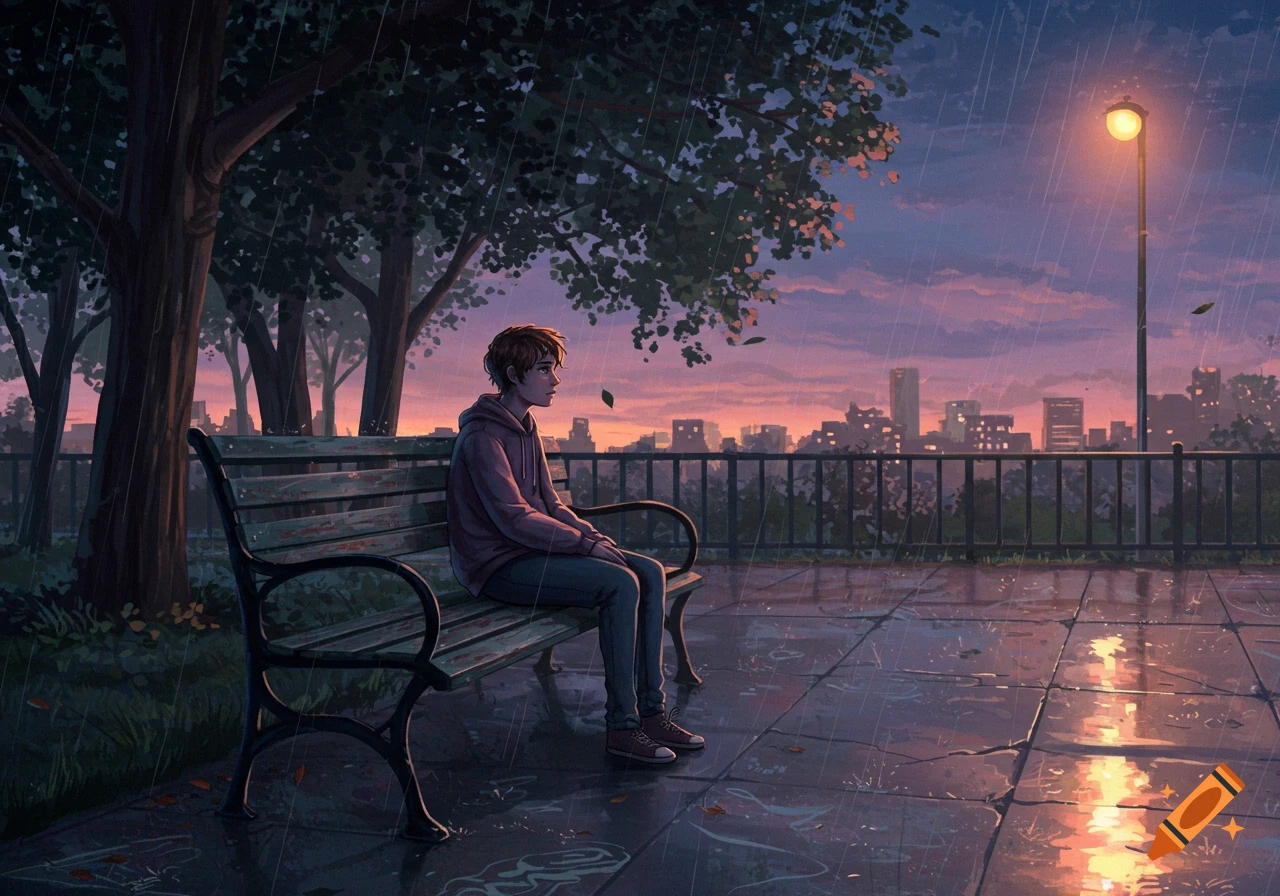 A young person sits on a park bench in the rain at sunset, with a city skyline in the background, in an anime illustration style.