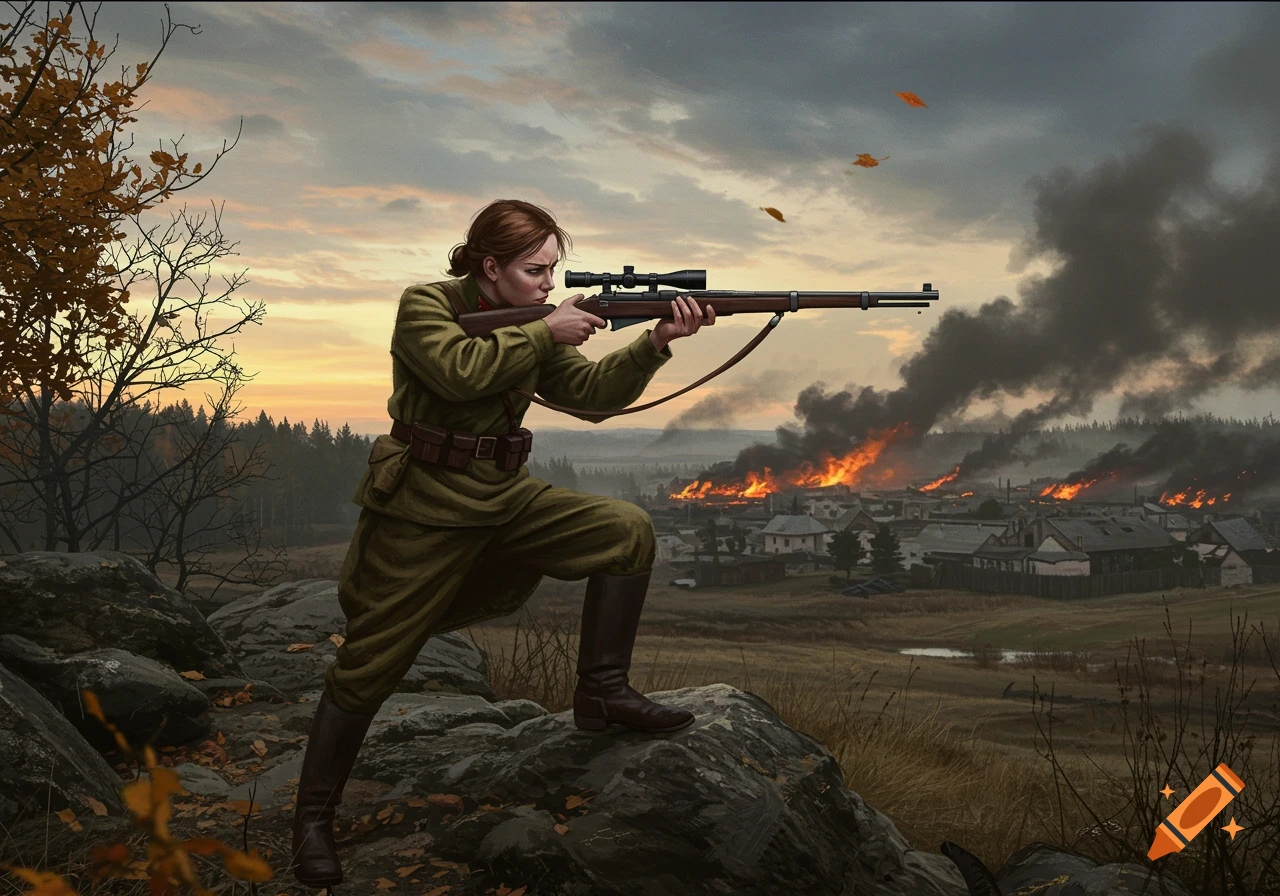A female soldier in military uniform aims a scoped rifle from a rocky hill, overlooking a town on fire under a smoky sky at dusk. Digital art.