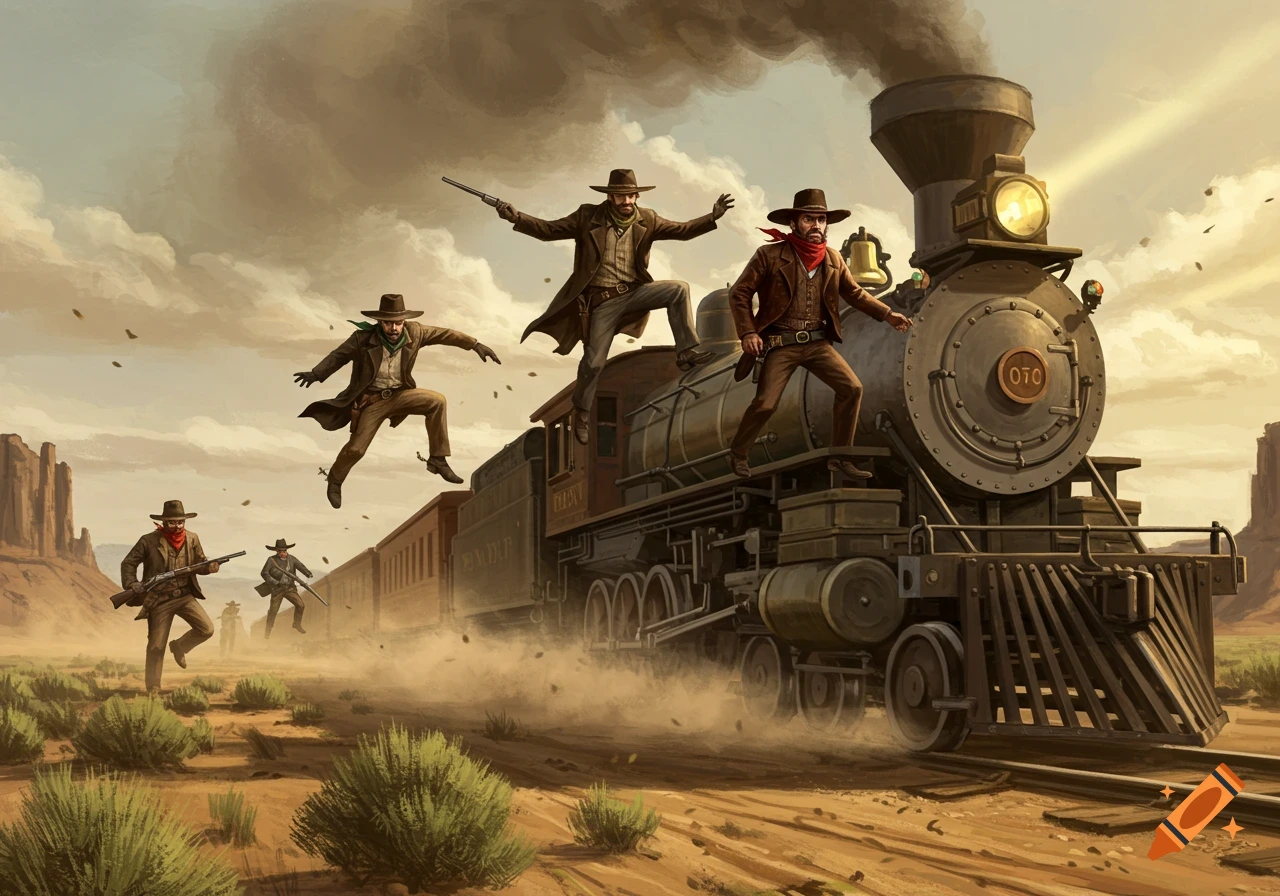 Cowboys leap onto and run alongside a moving steam train in a dusty Wild West desert landscape.