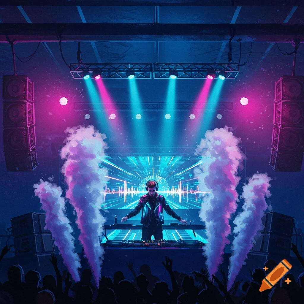 A DJ performs on stage at a neon-lit concert, surrounded by smoke and a silhouetted crowd.