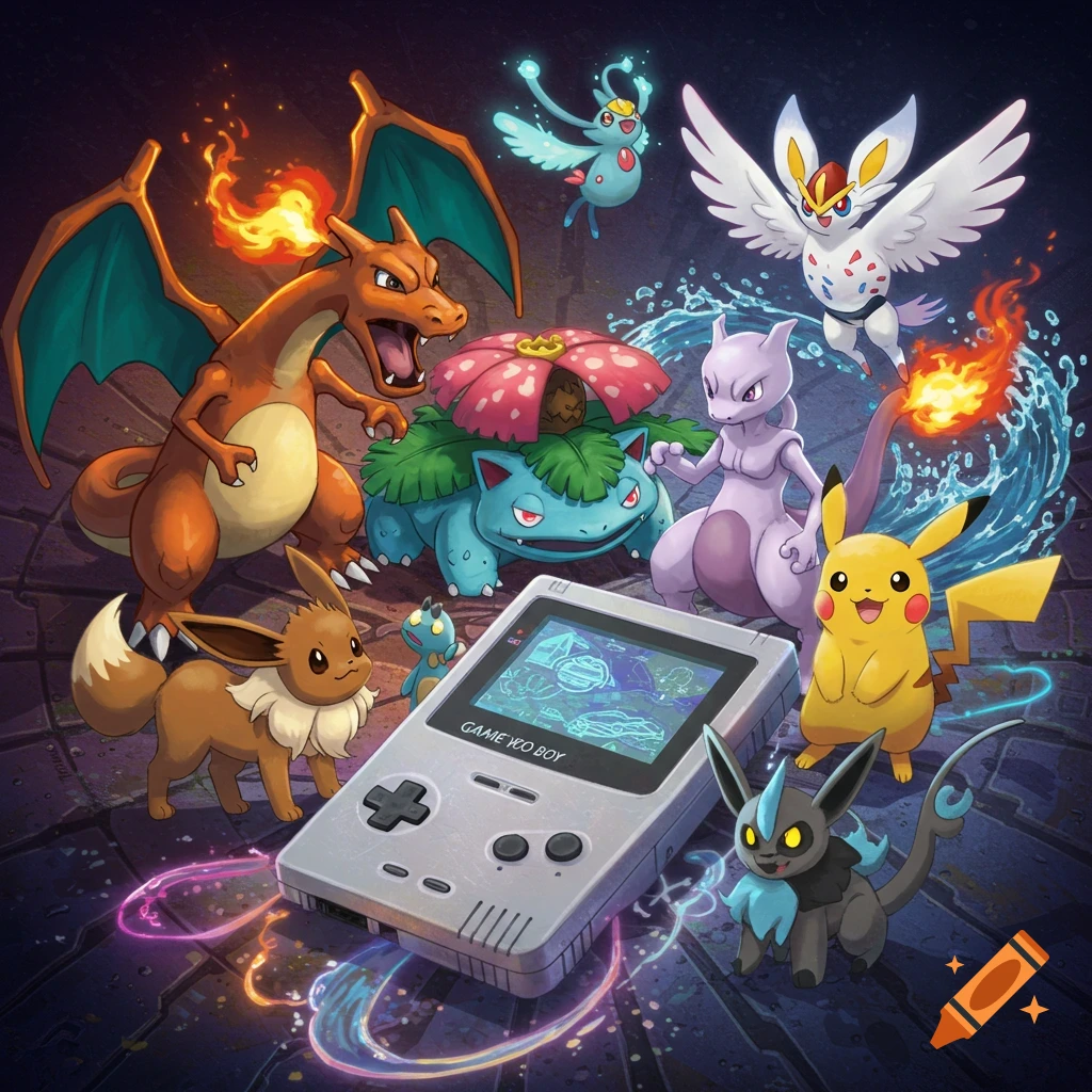 Charizard, Venusaur, Mewtwo, Pikachu, Eevee, and other Pokemon surround a retro gray Game Boy console.