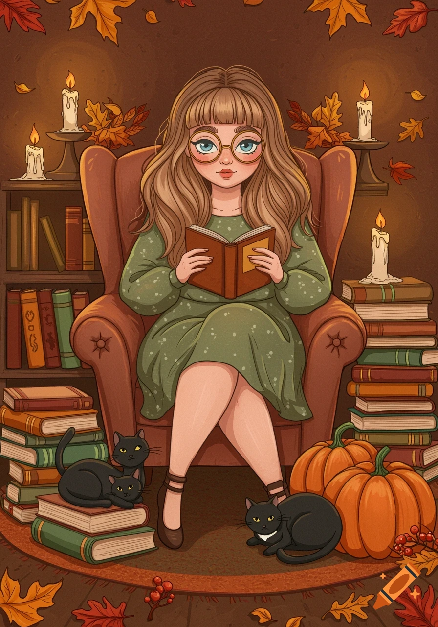 Cartoon woman with long hair and glasses reads in an armchair, surrounded by books, two black cats, pumpkins, candles, and autumn leaves.