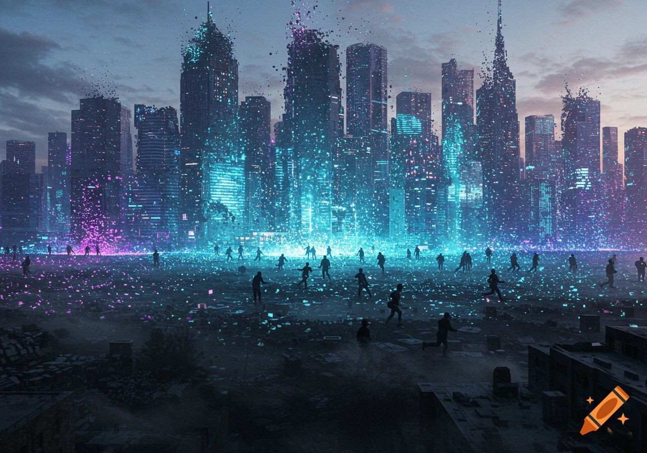 Futuristic city skyline dissolving into glowing blue and pink pixels, with silhouetted figures on a particle-covered ground.