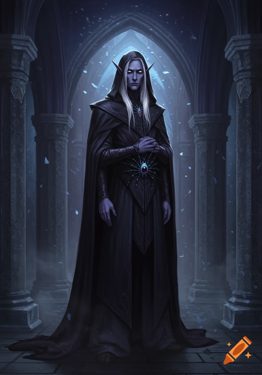 A tall drow in a dark hooded cloak with a spider necklace stands in a gothic hall with blue light.
