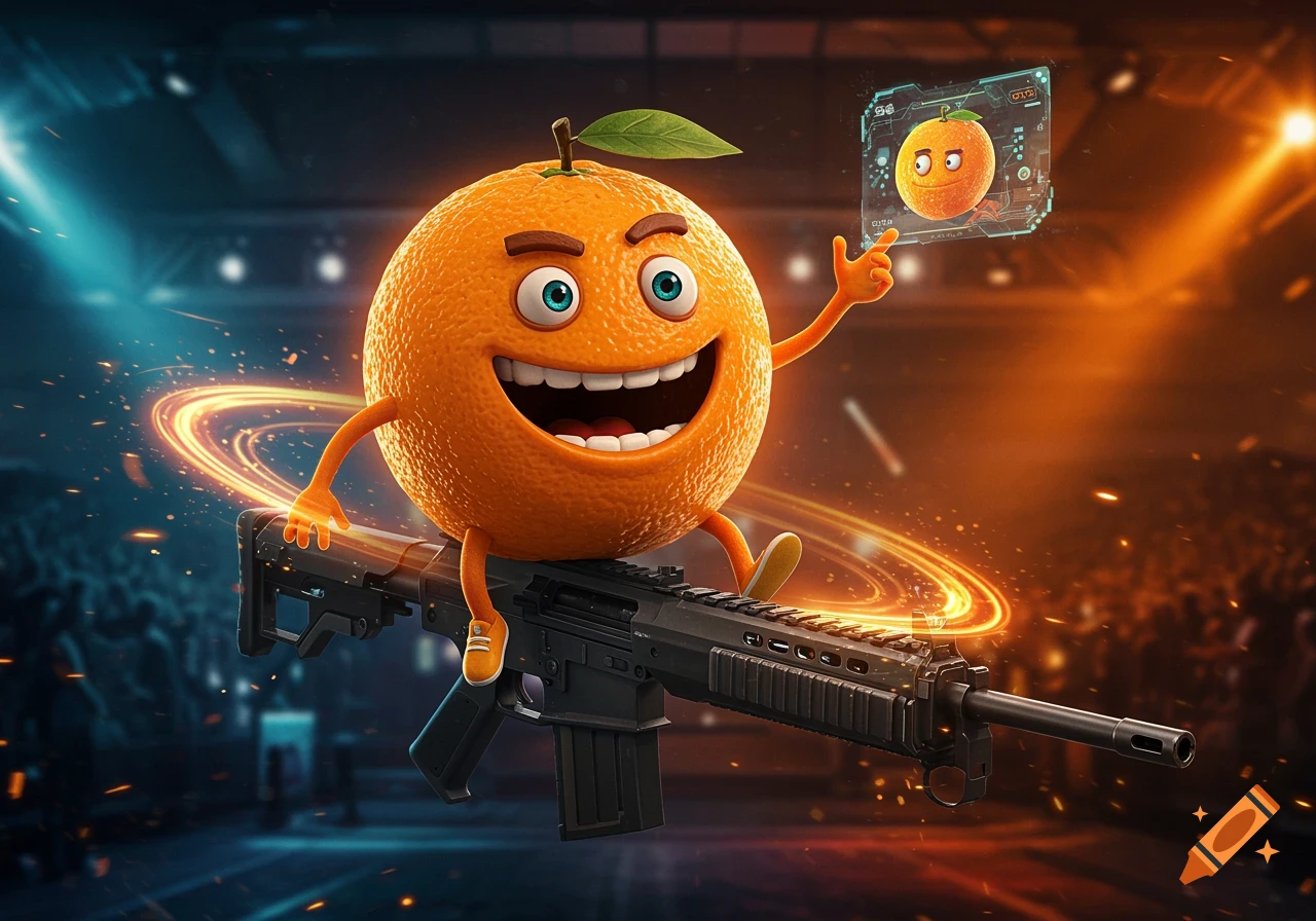A smiling, cartoon orange character with arms and legs sits on a large assault rifle in a dark, stadium-like setting with glowing lights.