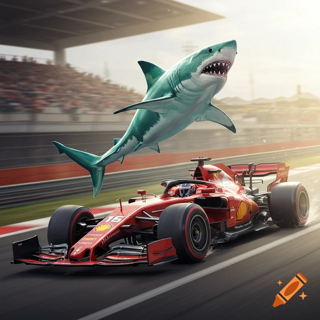 A great white shark leaps over a red Formula 1 race car on a track with stadium seating under a sunny sky.