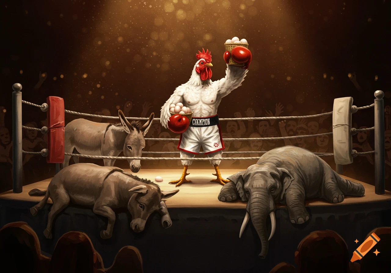 A muscular chicken stands victorious in a boxing ring, holding baskets of eggs, over a knocked-out donkey and elephant. Illustration.