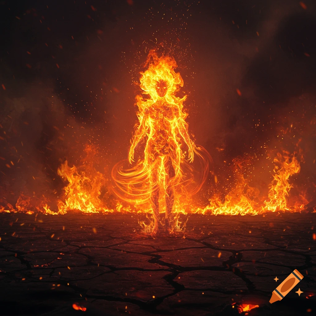 A humanoid figure composed entirely of glowing orange flames stands on cracked, dark earth, surrounded by fire and smoke.