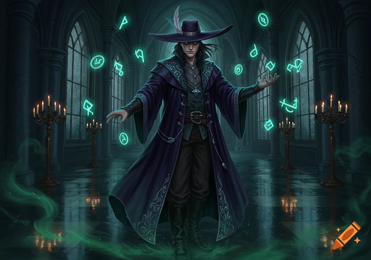 A male magician in a wide-brimmed hat and long coat stands in a gothic hall, surrounded by glowing teal arcane symbols.