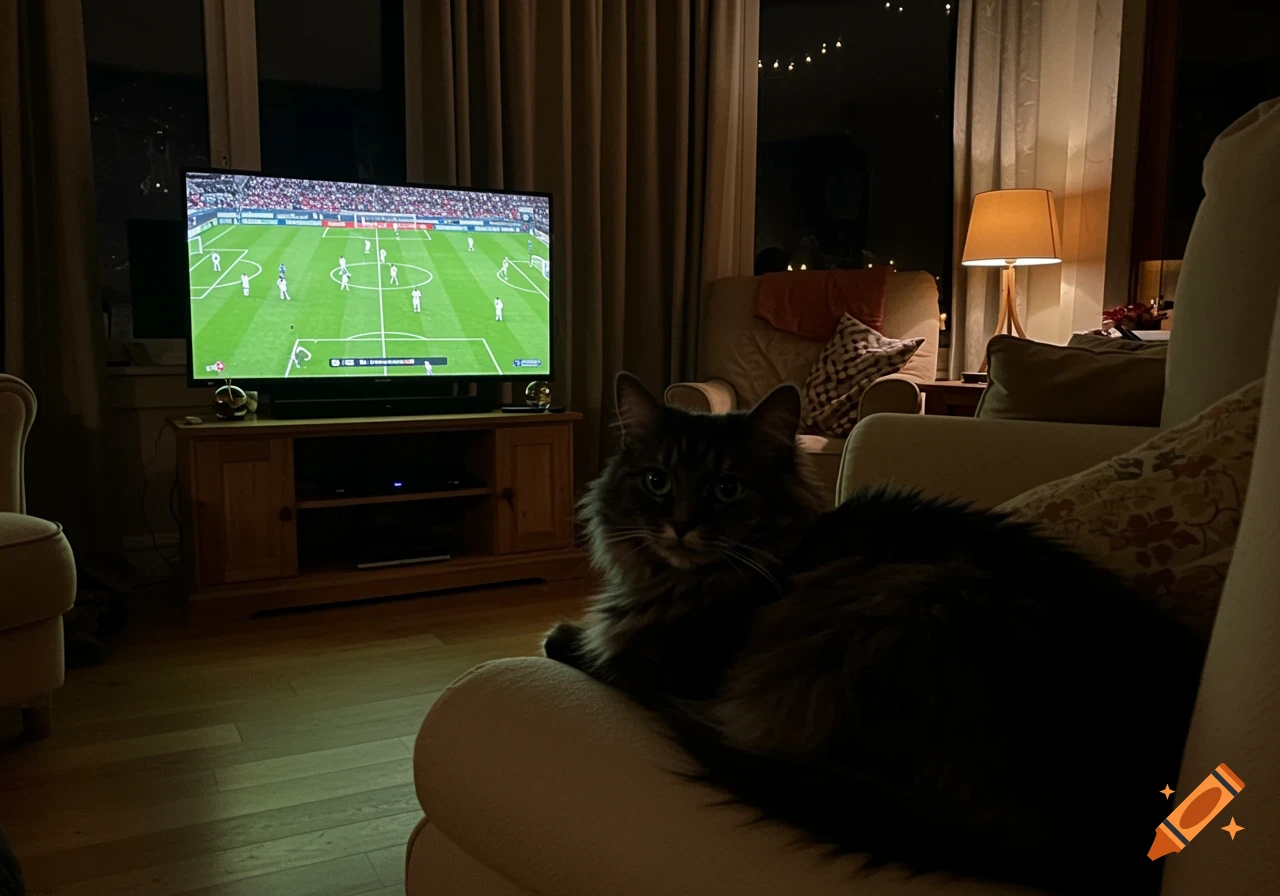 A fluffy dark cat lies on a couch, looking towards the camera while a football match plays on a large TV in a dimly lit living room.