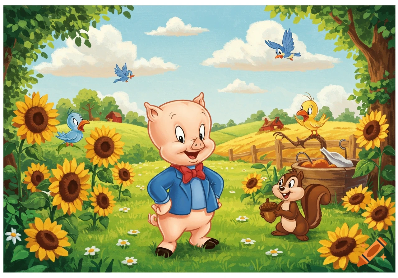 A cartoon pig in a blue jacket and red bow tie stands in a sunny field of sunflowers with a squirrel and birds.