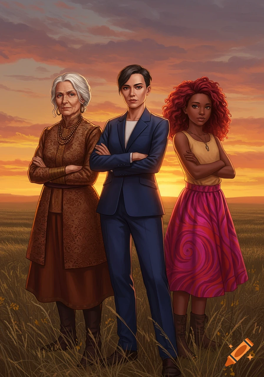 Three women of different generations with stern expressions, arms crossed, stand in a grassy field at sunset in a digital painting.