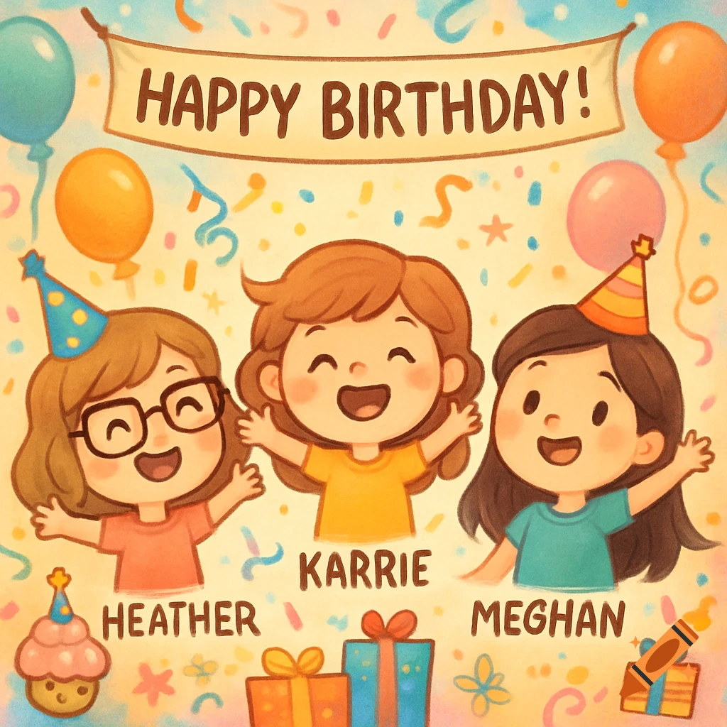 A cute cartoon birthday card with three smiling girls wearing party hats, surrounded by balloons, confetti, and gifts. A banner reads "HAPPY BIRTHDAY!" with names Heather, Karrie, and Meghan below the girls.