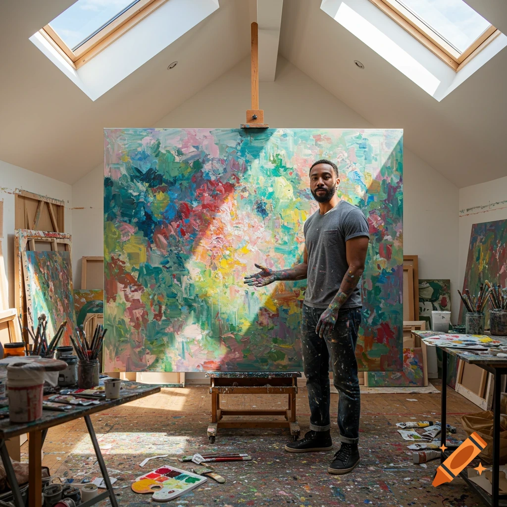 A male artist stands in his messy studio with paint on his hands, gesturing towards a large colorful abstract painting on an easel.