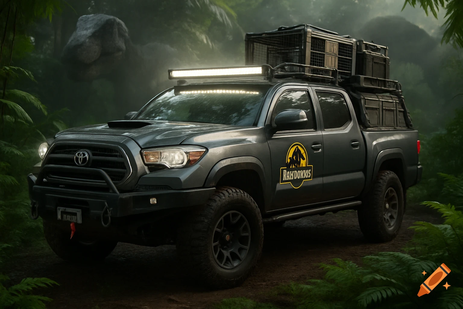 A custom grey Toyota Tacoma TRD Sport pickup truck with off-road gear and a yellow-black decal in a dense jungle; a dinosaur is in the background.