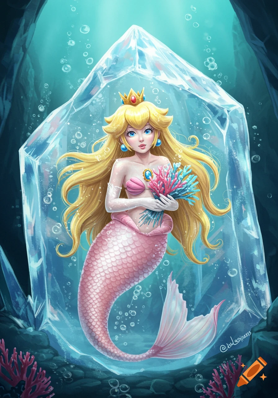 Digital illustration of Mermaid Princess Peach frozen in a large block of ice underwater, surrounded by bubbles and coral.