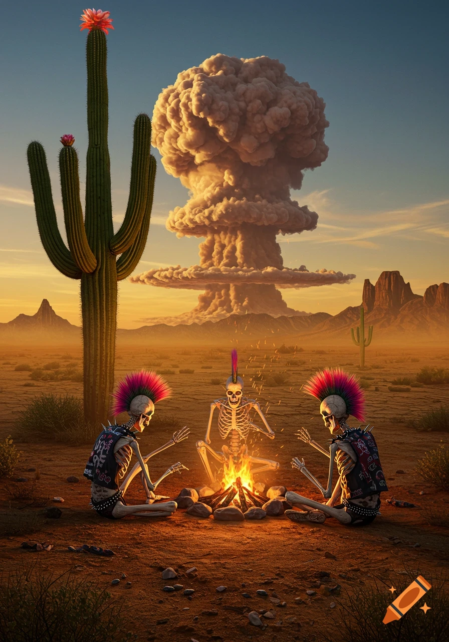 Three punk rock skeletons with mohawks sit around a campfire in a desert with a saguaro cactus, as a large mushroom cloud looms in the background at sunset.