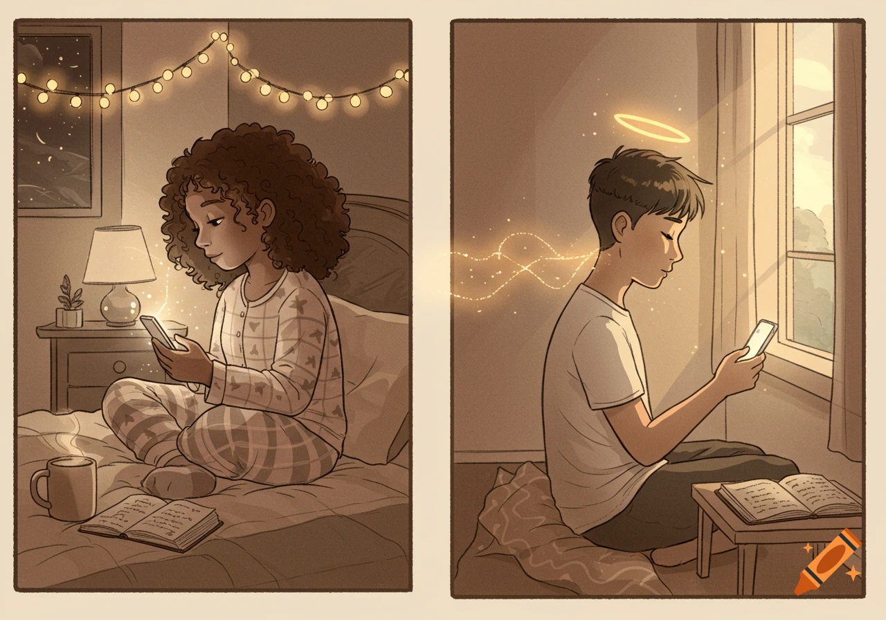 Sepia-toned illustration of a girl and boy in their rooms, each holding a phone, connected by glowing light, symbolizing spiritual closeness.