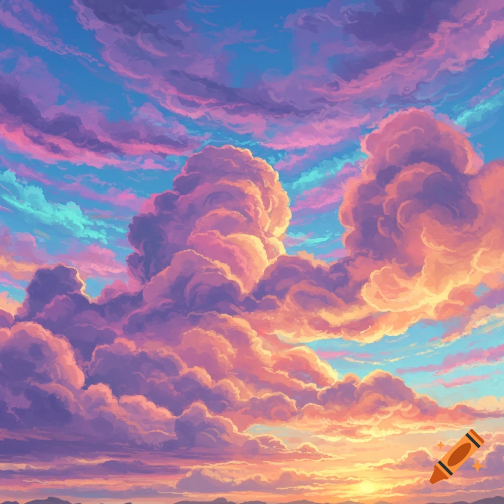 A vibrant sky filled with large, pink, purple, and orange clouds during sunset, in a digital art style.