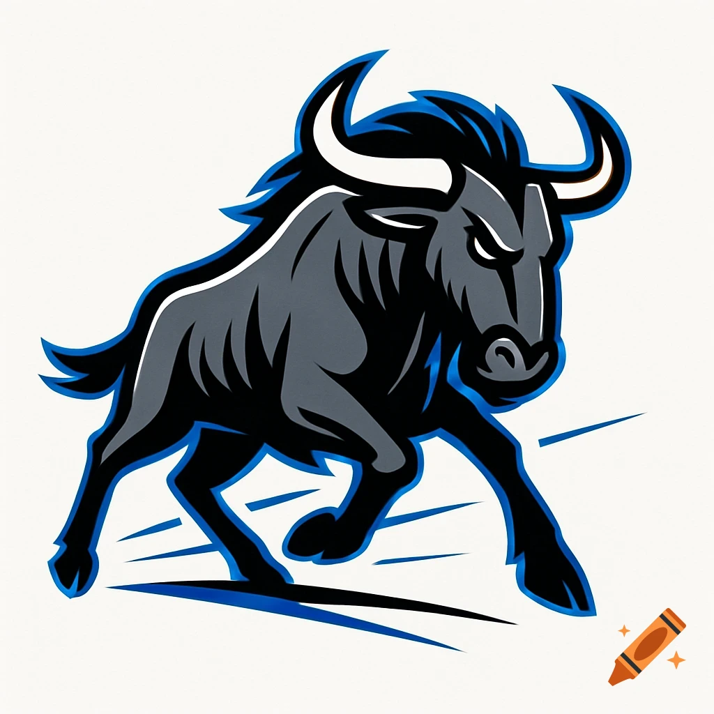 A stylized logo of a wildebeest, depicted in a dark gray and black color scheme with blue and white outlines, running forward against a white background.