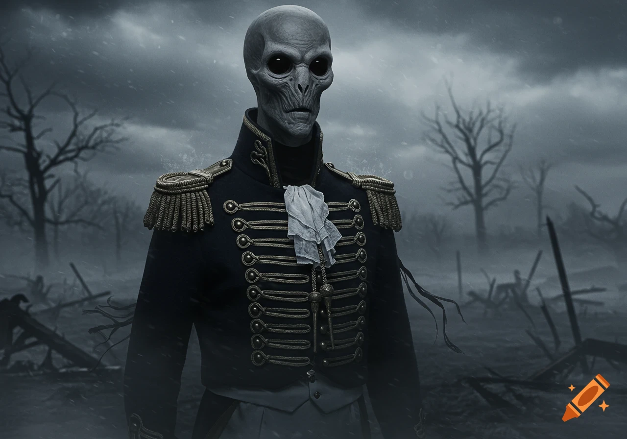 Ash-grey alien in a dark Napoleonic-era military uniform stands in a desolate, snowy landscape.