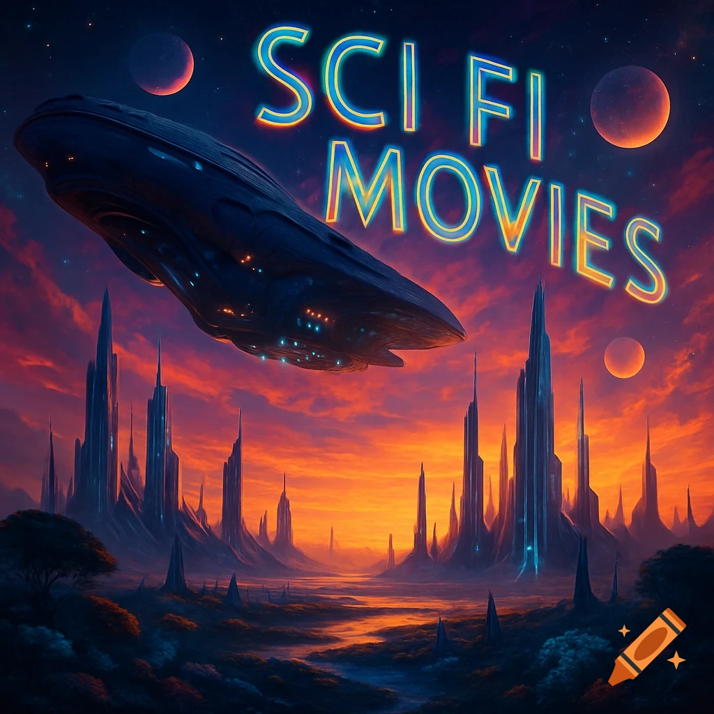 A vibrant sci-fi novel cover with a large spaceship hovering over a futuristic alien landscape at sunset, with "SCI FI MOVIES" text.