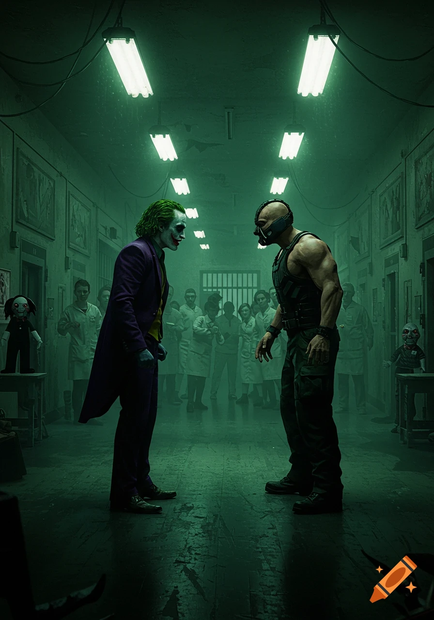 Joker and Bane face off in a dimly lit, green-hued asylum hallway as onlookers observe, with a Jigsaw doll watching from a distance.