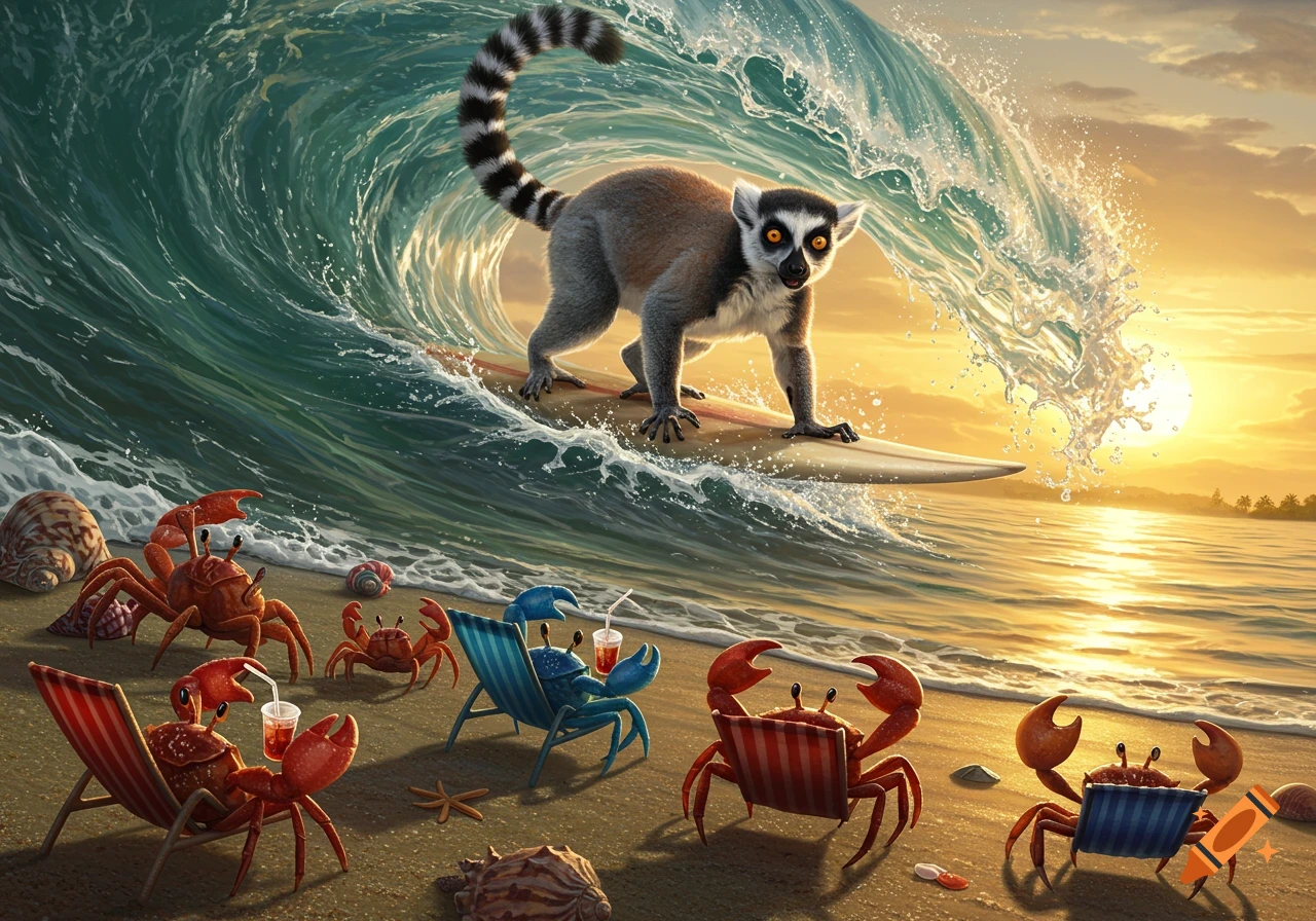 A realistic illustration of a lemur surfing a large wave as crabs relax on chairs on a sunny beach at sunset.