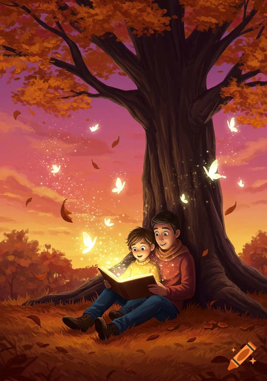 Whimsical illustration of a parent and child reading a glowing magical book under a large tree in an autumn forest.