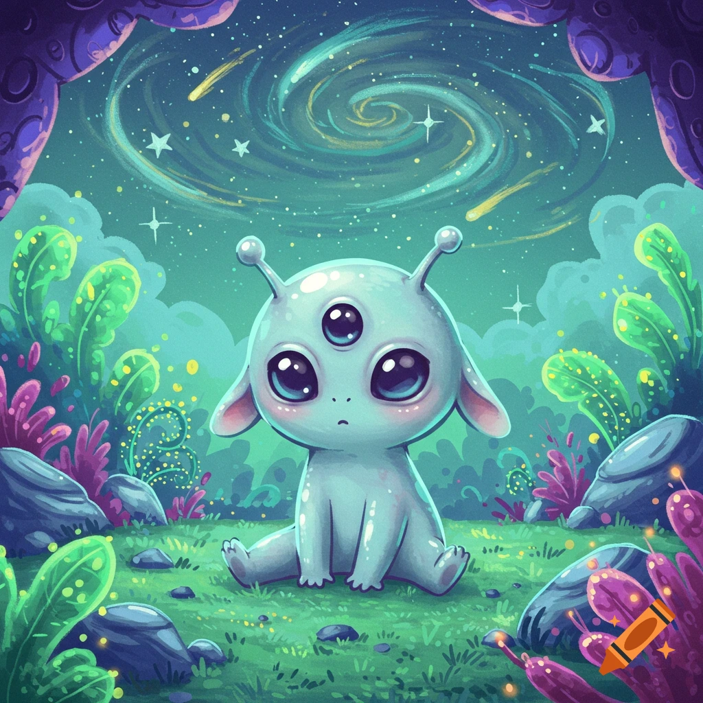 A cute, light blue, three-eyed chibi alien with two small antennae sits on green grass in a vibrant fantasy landscape with a swirling galaxy in the night sky.