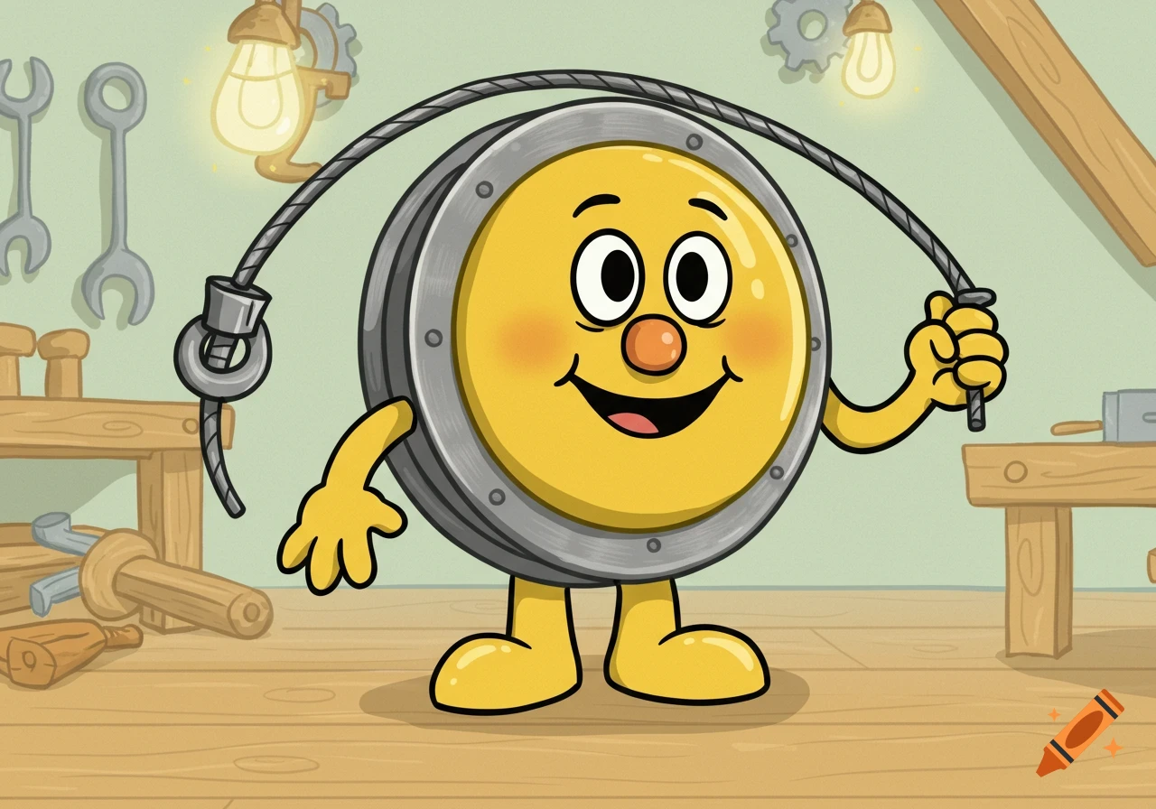 A happy, yellow cartoon character resembling a pulley holds a rope in a workshop setting.