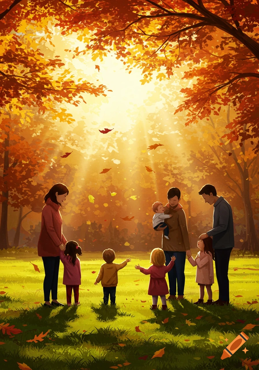 Illustration of families with young children in a park during autumn, with golden sunlight and falling leaves.