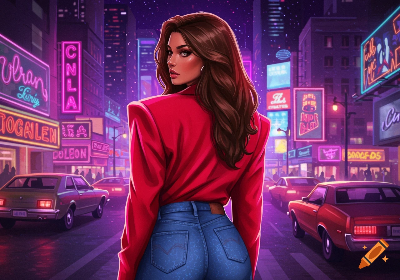 Illustration of a woman in a red blazer and jeans, looking over her shoulder on a neon-lit retro city street at night.