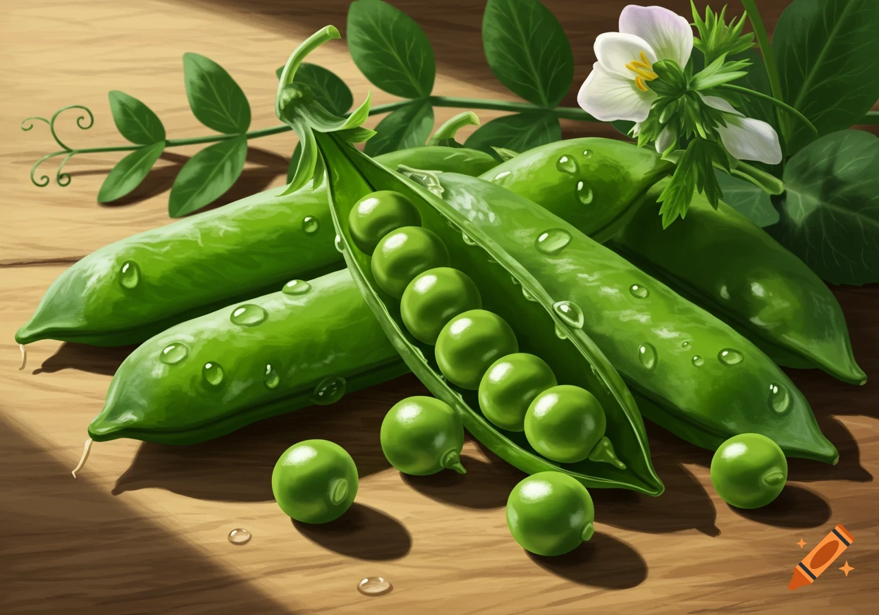 Close-up of fresh green peas in pods and shelled on a wooden surface with water droplets and leaves, in a realistic style.