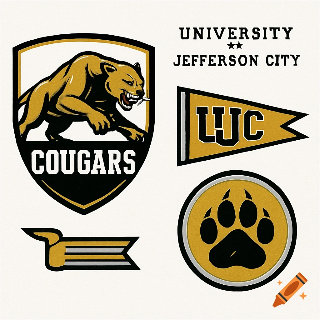 College sports logos featuring a cougar mascot, paw print, and pennant in black, gold, and white.