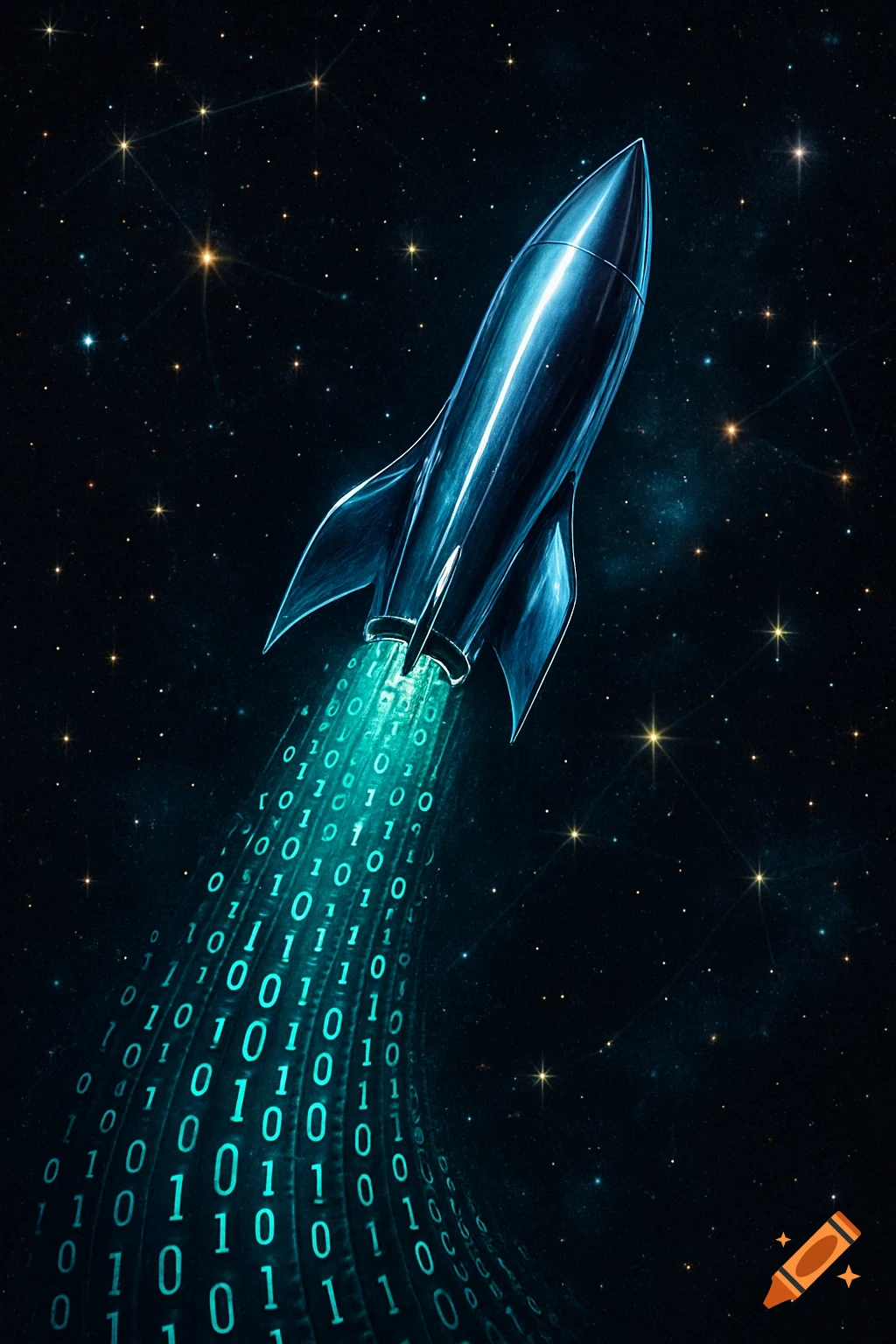 A shiny, futuristic rocket blasts off into space, leaving a trail of glowing blue binary code against a starry night sky.