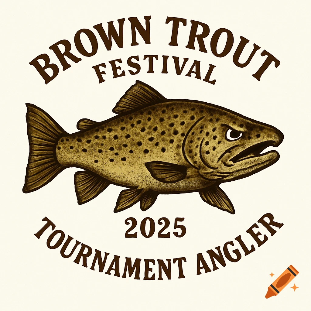 Vintage style illustration of a brown trout with text 'Brown Trout Festival 2025 Tournament Angler' on a white background.