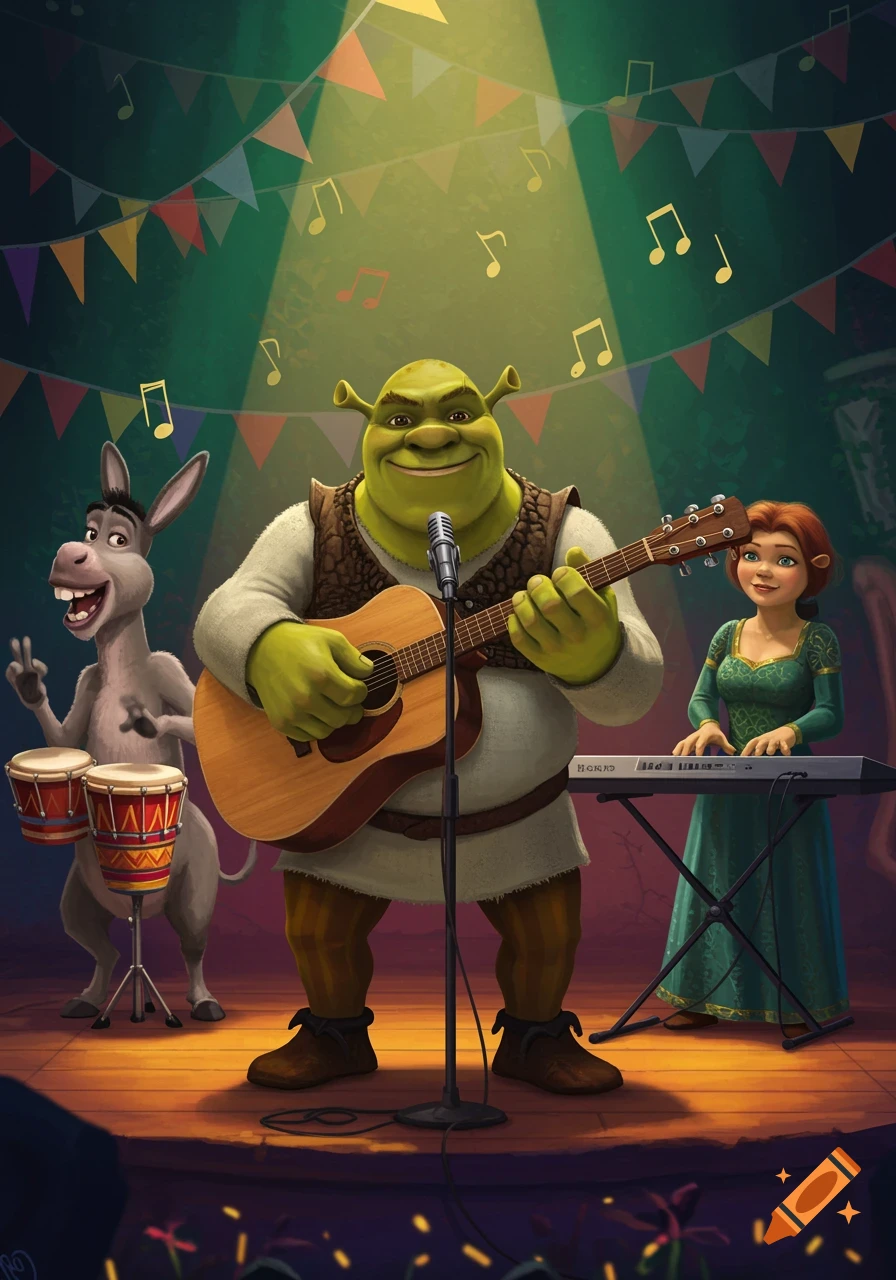 Animated Shrek playing guitar and singing on a stage, with Donkey playing bongos and Fiona playing a keyboard.
