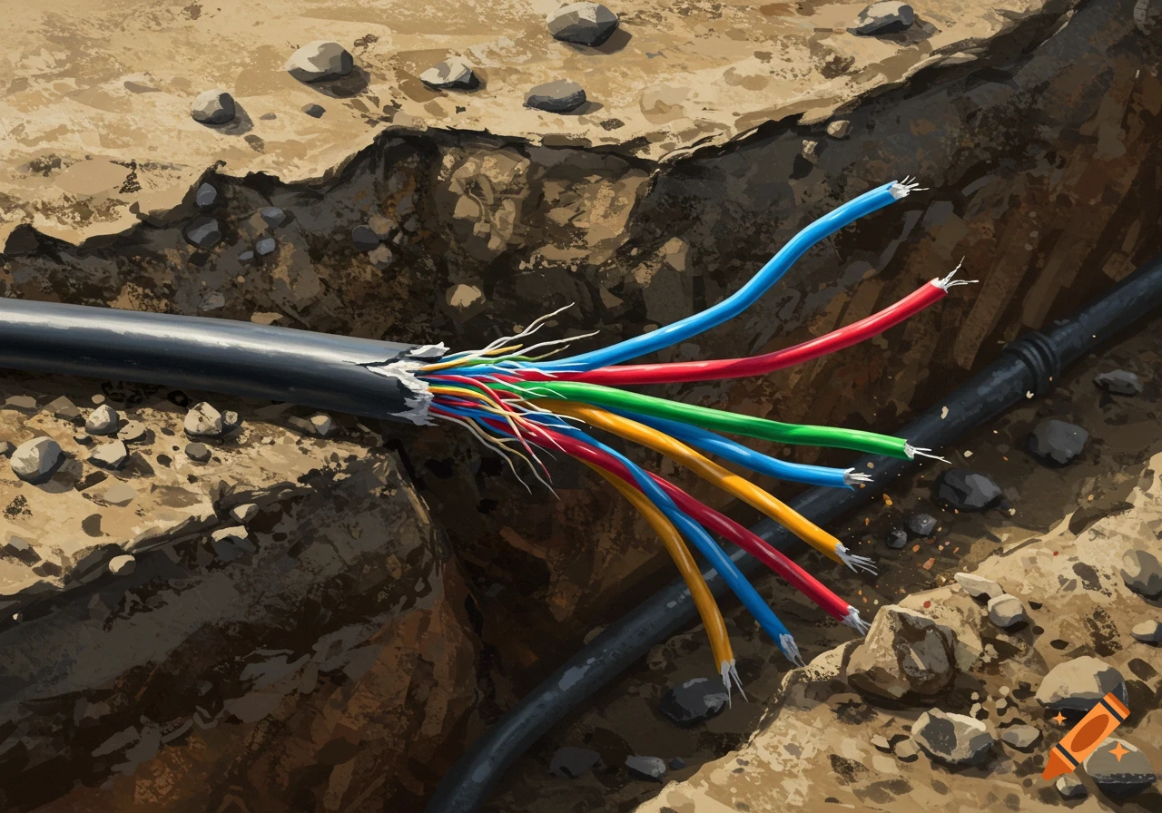 A brightly colored severed cable, with exposed wires, lies in a trench of dirt and rocks, depicted in an illustration style.
