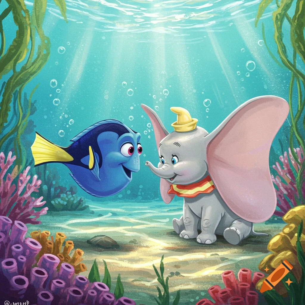 A cartoon illustration shows Dory the blue tang fish and Dumbo the elephant looking at each other underwater with coral and seaweed.