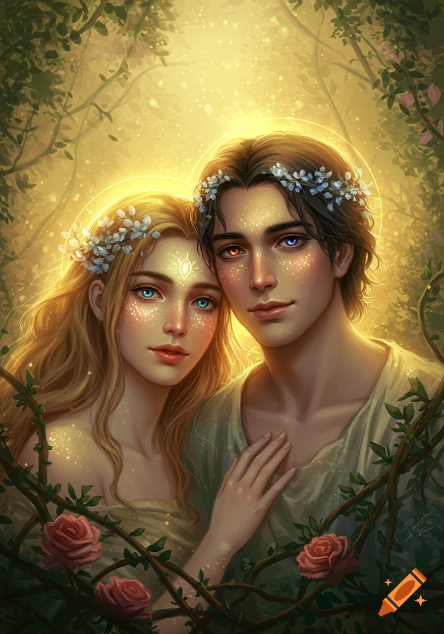 A fantastical portrait of a man and a woman with flower crowns and glowing skin, surrounded by vines and roses in a mystical forest.