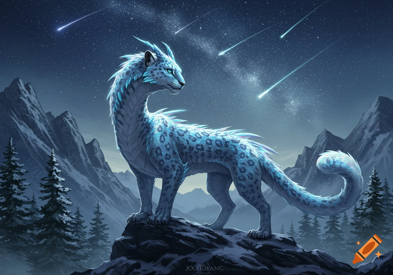 A majestic, glowing blue snow leopard-like fantasy creature stands on a snowy rock in a mountain range at night under a starry sky with bright meteors.