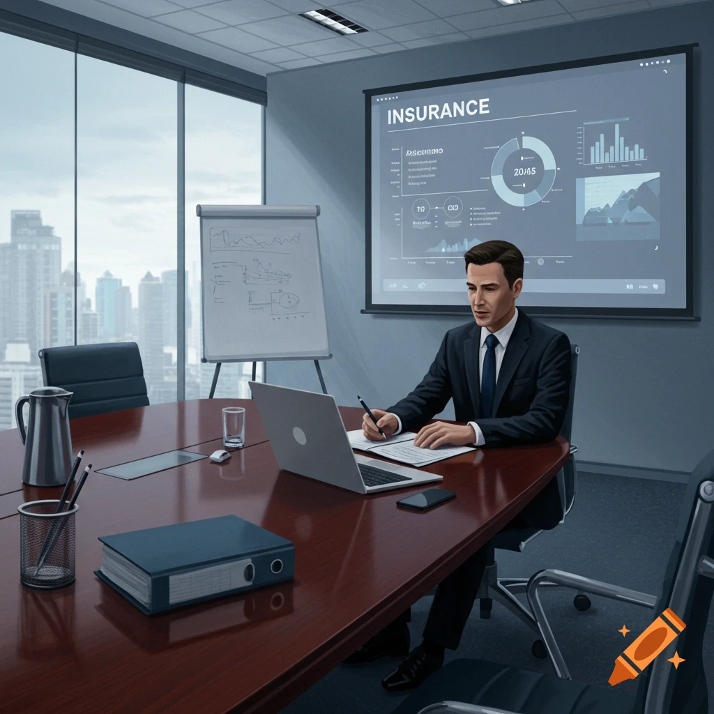 Photorealistic image of a man in a suit working on a laptop at a conference table with an 'INSURANCE' presentation on a projector screen.