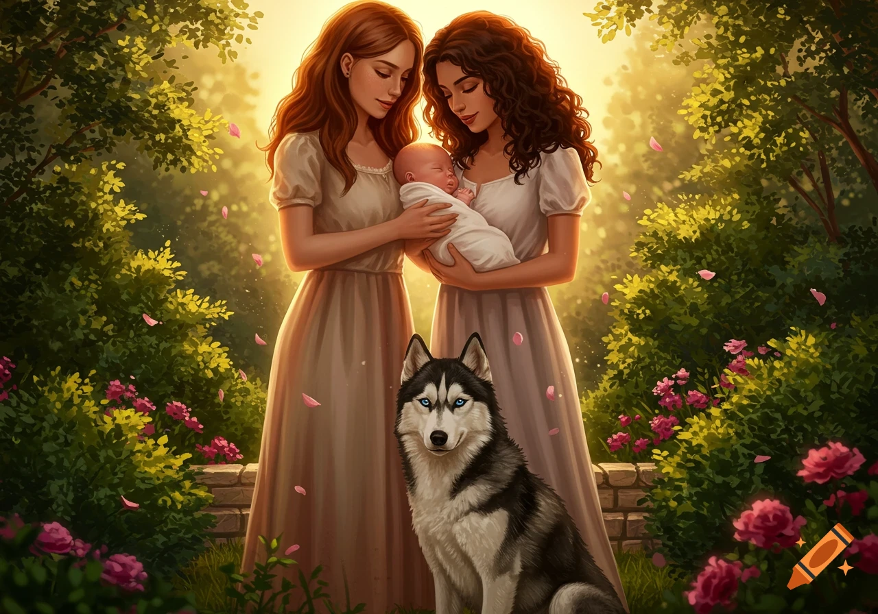 Two women in flowing dresses hold a baby in a sunlit garden, with a husky sitting in front of them amidst pink flowers and lush greenery.