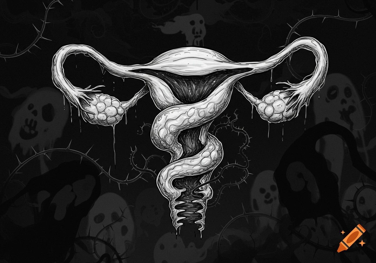 Black and white sketch of a twisted uterus surrounded by thorns and ghostly figures.